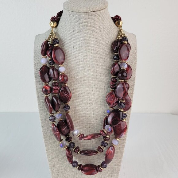 Unbranded Jewelry - Dark Red Maroon Acrylic Bead Rope Cord Statement Necklace 35" Gold-Tone